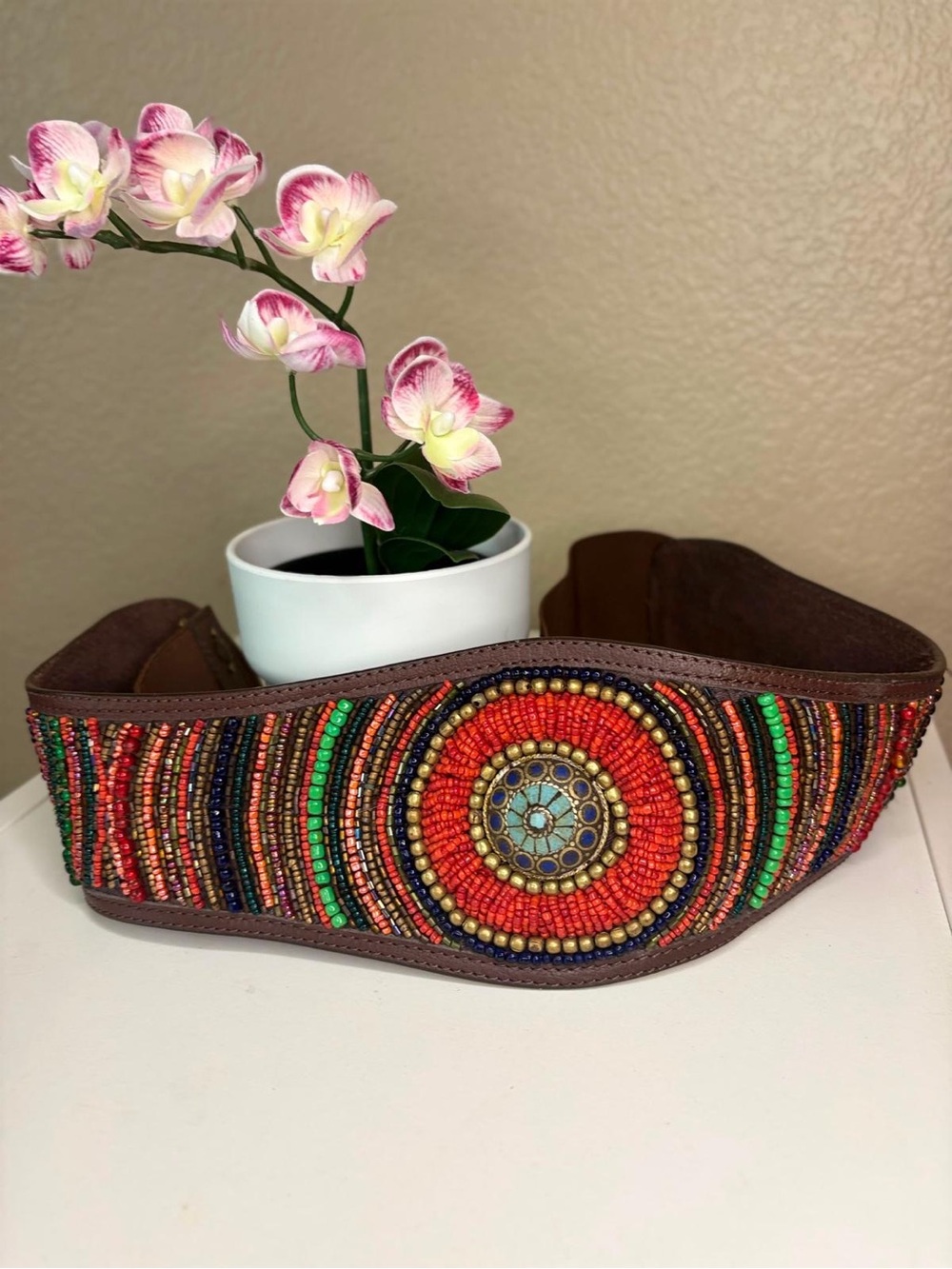 Boho Beaded Wide Leather Statement Belt Turquoise Concho Cowrie Shells